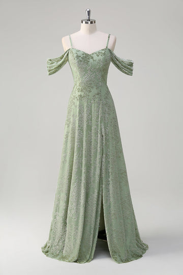 Dusty Sage A-Line Ombro frio Jacquard vestido longo dama de honra com fenda